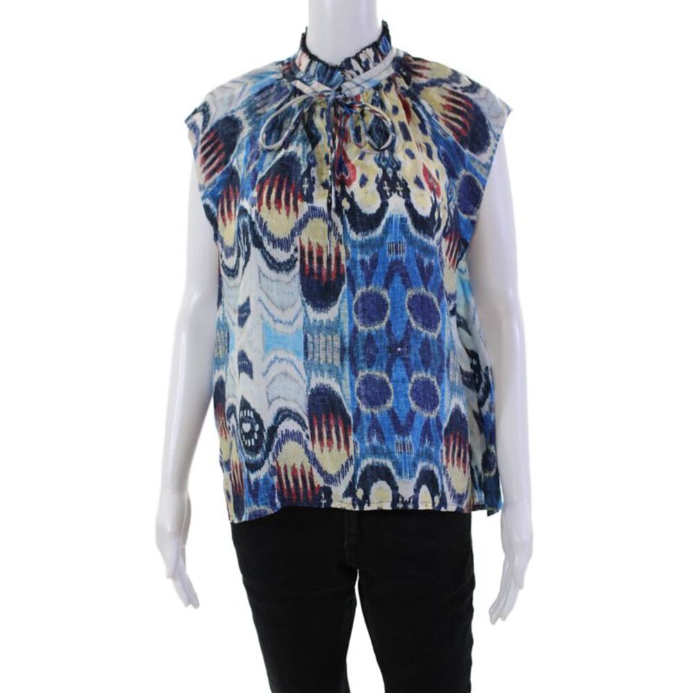 Mariacher Womens Silk Sleeveless Scalloped Ruffled Neck Blouse Blue Size L